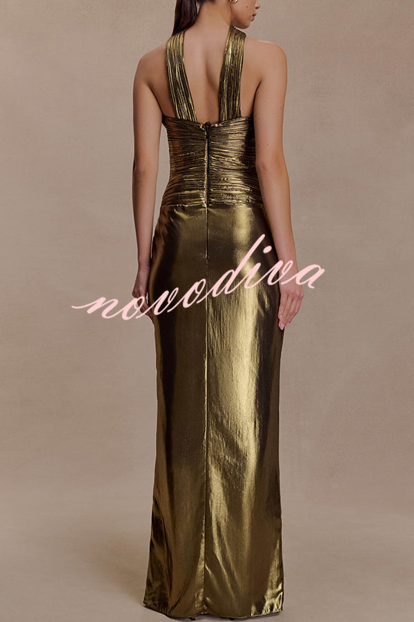 Clemence Plisse Metallic Fabric Reverse Halter Beck Strap Drape Slit Maxi Dress