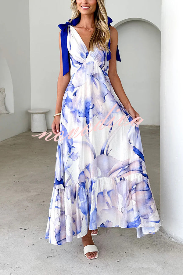 Unique Printed V-neck Sleeveless Lace-up Waist Maxi Dress