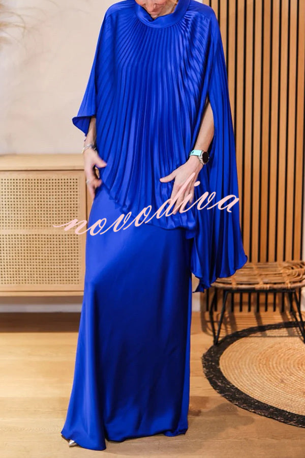 Lily Satin Solid Color Pleated Loose Cape and Elegant Maxi Skirt Set