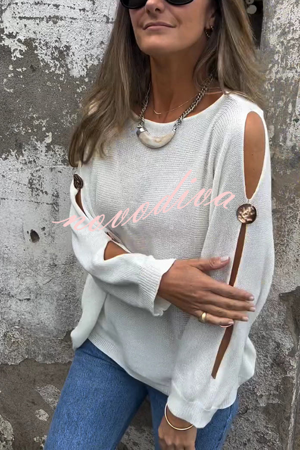 Solid Color Round Neck Hollow Long Sleeve Loose Knitted Sweater