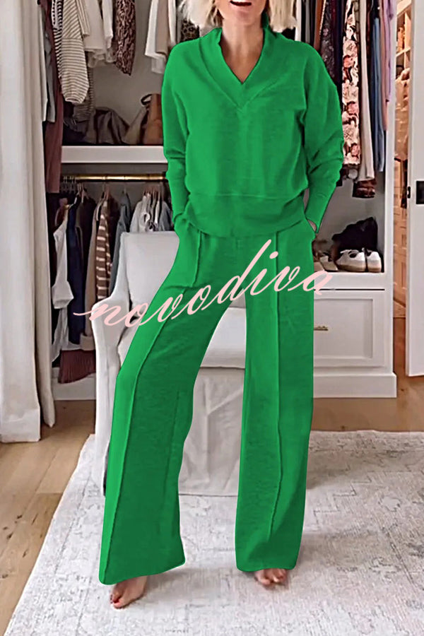 Weather Gets Cold Solid Color V-neck Top and Elastic Waist Pocketed Lounge Pants Set