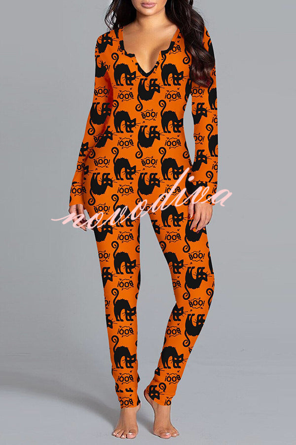 Ghost Country Halloween Print Long Sleeve Lounge Jumpsuit
