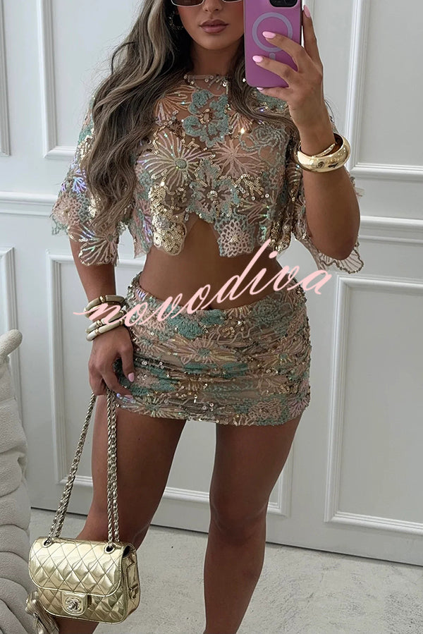 Fashionable Embroidered Flower Sequined Crop Top and Hip-hugging Mini Skirt Set