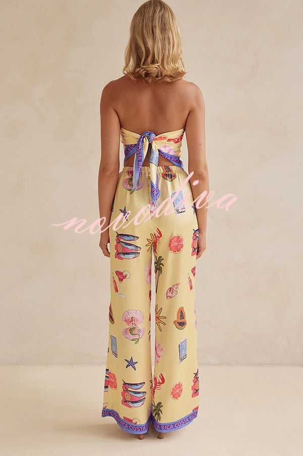 Linen Blend Unique Printed Bandeau Top and Elastic Waist Pocket Pants Set