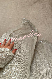 Fashionable Shiny Sequined Long-Sleeved Cropped Top and Casual Wide-Leg Pants Set