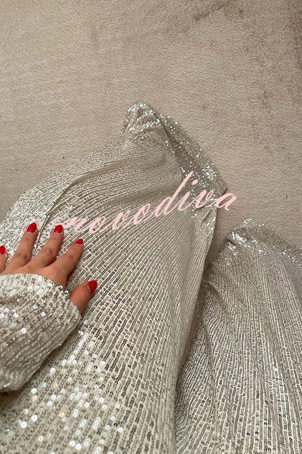 Fashionable Shiny Sequined Long-Sleeved Cropped Top and Casual Wide-Leg Pants Set
