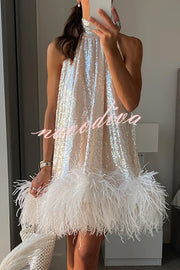 Dancefloor Elf Sequin Feather Trim High Neck A-line Mini Dress