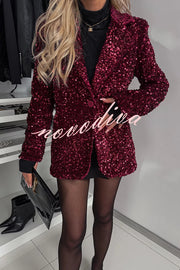 Sparkle Night Velvet Sequin Button Up Long Sleeve Lapel Blazer