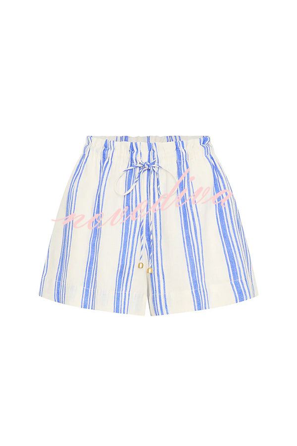 Stripe Print Lapel Long-sleeved Casual Shirt and Elastic Waist Loose Shorts Set