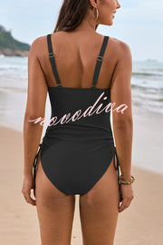 Solid Color Drawstring Waist Mesh One-Piece Bikini Swimsuit