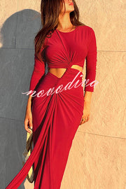 Solid Color Round Neck Long Sleeve Sexy Exposed Waist Slit Maxi Dress