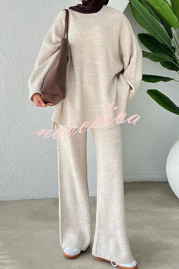 Solid Color Loose Long-sleeved Knit Top and Elastic Waist Casual Straight Leg Pants Set