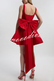 Red Drama Taffeta Square Neck Back Oversized Bow Pocket Mini Dress