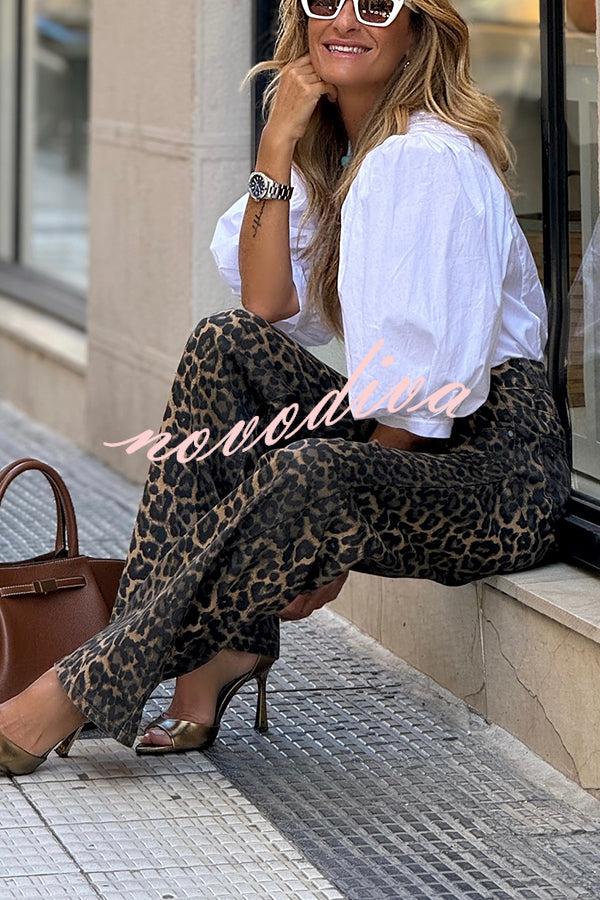 Wild Feel Denim Leopard Print High Rise Wide Leg Pocketed Jeans