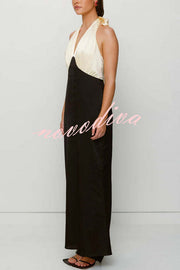 Like A Gem Satin Colorblock Halter Backless Party Maxi Dress