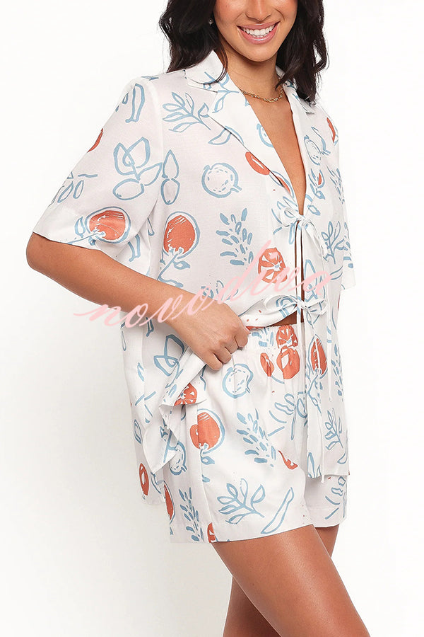 Graffiti Fruit Print Lapel Tie Short Sleeve Top and Elastic Waist Loose Pocket Shorts Set