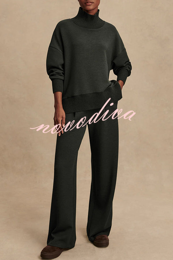 Barker High-Neck Long Sleeve Side Zipper Sweatshirt and Elastic Waist Pocketed Loose Pants Set