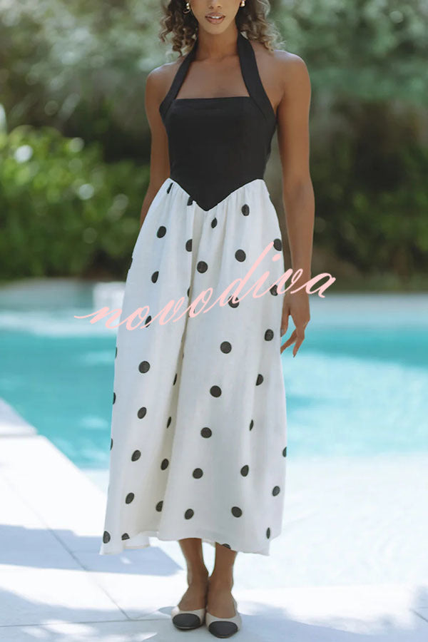 Kai Linen Blend Colorblock Polka Dot Print Halter Pocketed Midi Dress