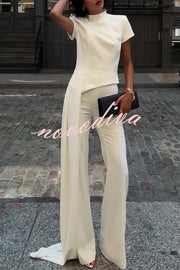 Pippa High Neck Short Sleeve Irregular Drape Hem Top and Elastic Waist Flare Pants Set