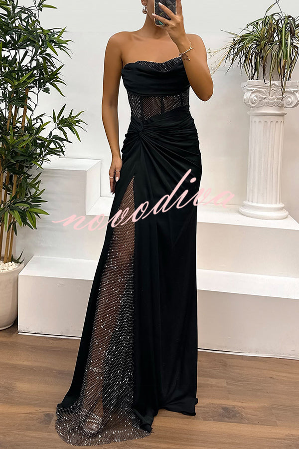 Audrey Satin Paneled Mesh Sequin Fabric Off Shoulder Ruched Drape Maxi Dress