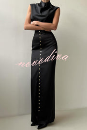 Solid Color Casual Sleeveless Crop Top and Elegant Button-down Maxi Skirt Set
