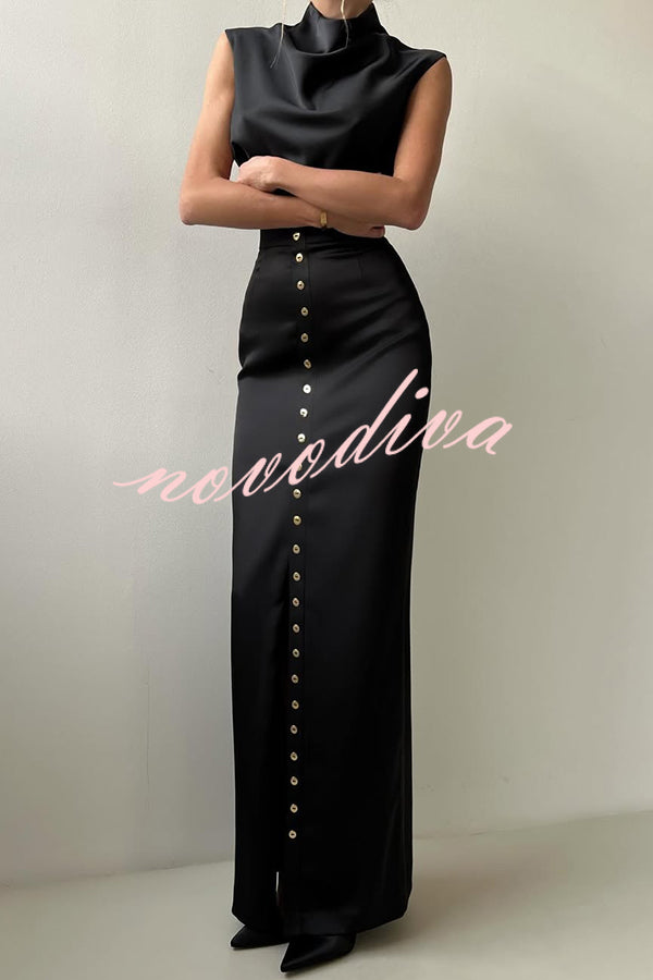 Solid Color Casual Sleeveless Crop Top and Elegant Button-down Maxi Skirt Set