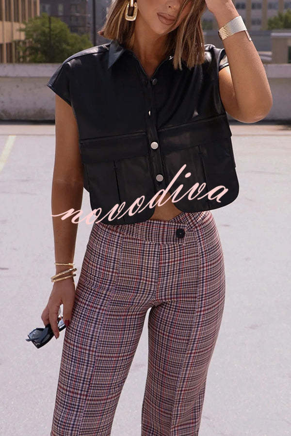 Fashion Faux Leather Pocket Sleeveless Cropped Jacket
