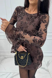 Deep and Dazzling Floral Texture Sequin Long Bell Sleeve Open Back Mini Dress