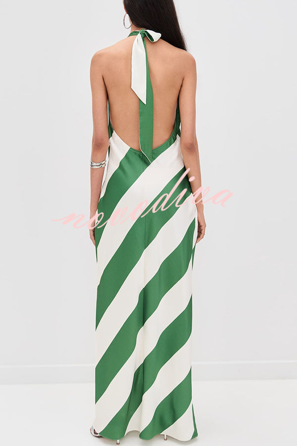 Most Dreamy Stripe Print Halter Tie-up Backless Pocket Loose Maxi Dress