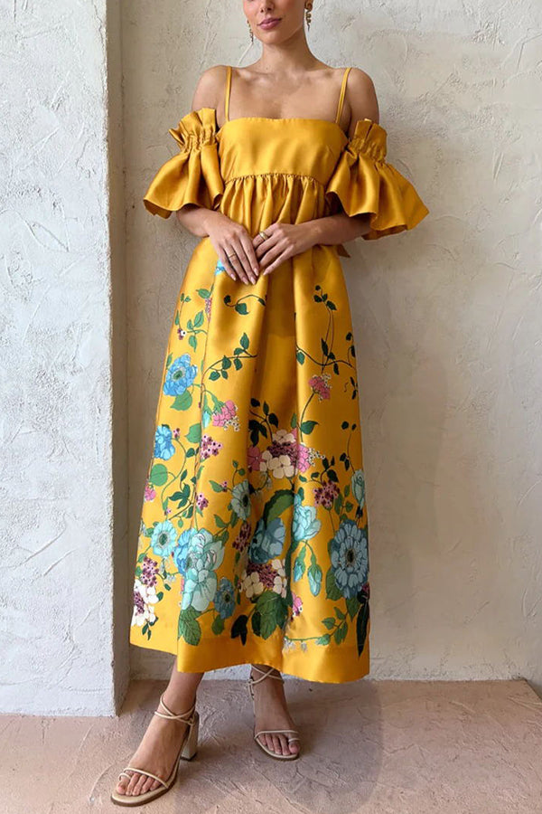 Sweetest Marigold Print Gathered Sleeve Pocketed A-line Midi Dress