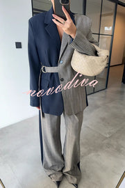 Nayla Plaid Contrast Color Belted Long Sleeve Lapel Blazer and Pocketed Wide Leg Pants Set