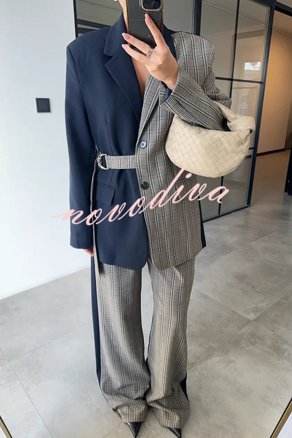 Nayla Plaid Contrast Color Belted Long Sleeve Lapel Blazer and Pocketed Wide Leg Pants Set