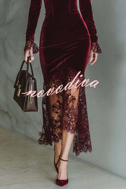 Fashionable Velvet and Lace Patchwork Square Neck Long-sleeved Maxi Dress