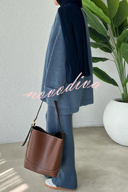 Solid Color Loose Long-sleeved Knit Top and Elastic Waist Casual Straight Leg Pants Set