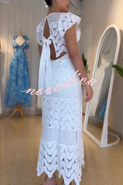 Elouise Wave Dot Embroidery Lace Back Tie-up Top and Elastic Waist Maxi Skirt Set