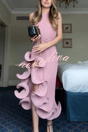 Solid Color Sleeveless Waist Tie Irregular Ruffle Slim Midi Dress