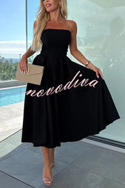 Sweet Cascade Solid Color Off Shoulder Pocket Full Hem Midi Dress