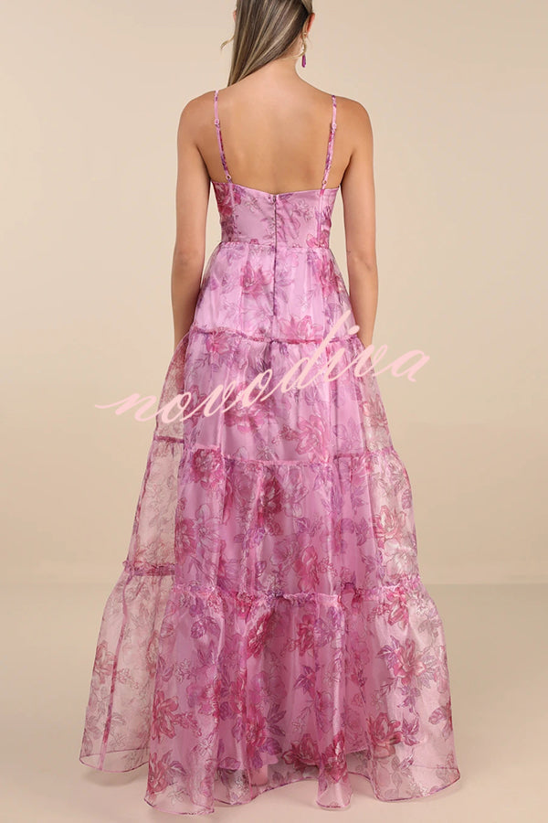 Exclusive Glamour Organza Floral Print Tiered Slip Maxi Dress