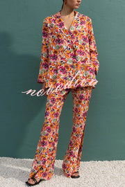 Full of Energy Flower Print Lapel Blazer and Elastic Waist Pocket Pleated Side Hem Pants Set