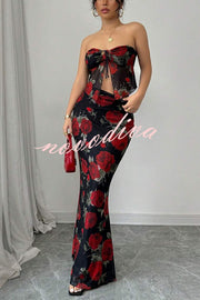 Floral Print Sexy Bandeau Lace-up Top and Slim Mesh Stretch Maxi Skirt Set