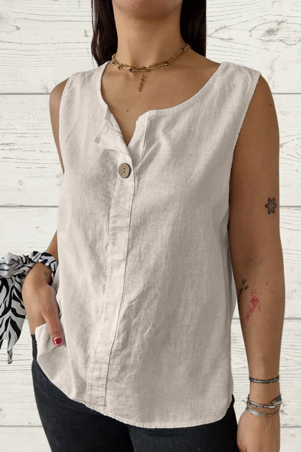 Solid Color V-Neck Button Loose Sleeveless Top