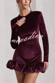 Solid Color Velvet Slim-fit Long-sleeved Mini Dress
