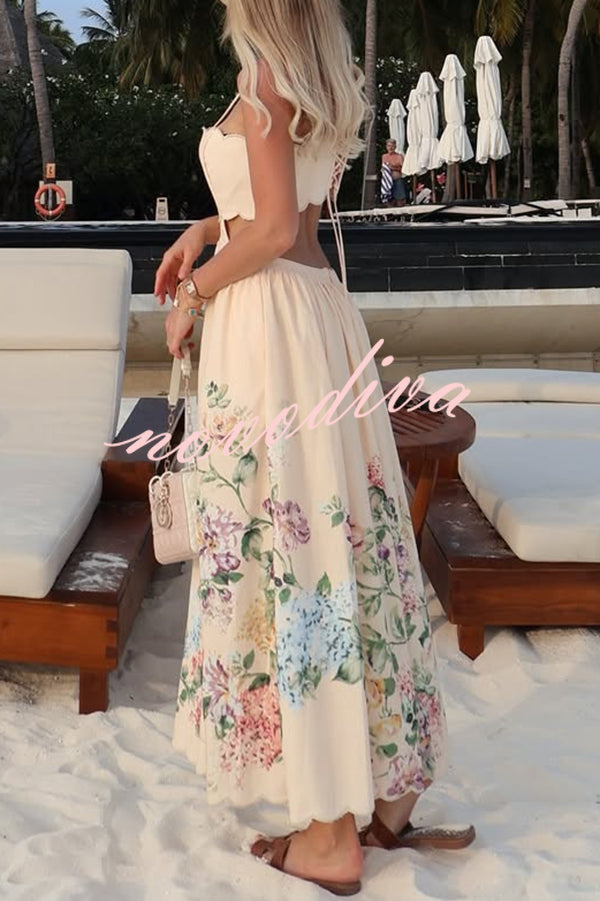 Cabo Sunsets Floral Print Petal Trim Back Lace-up Midi Dress
