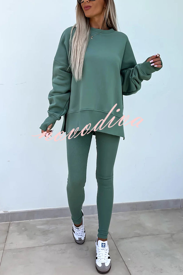 Solid Color Loose Long Sleeve SlitSweatshirt and Elastic Waist Tight Pants Set