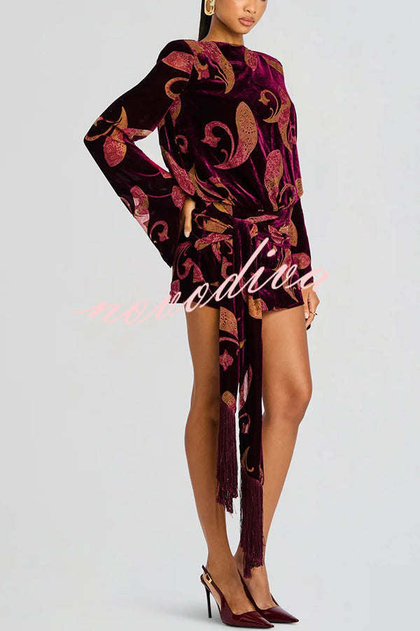 Night Out Velvet Paisley Print Long Sleeve Tie-up Tassel Loose Mini Dress