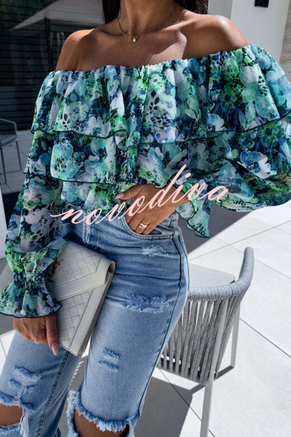 Colorful Botanical Print Sexy Off-shoulder Ruffle Top