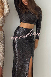 Solid Sequined Long-sleeved Crop Top and Sexy Slit Midi Skirt Set