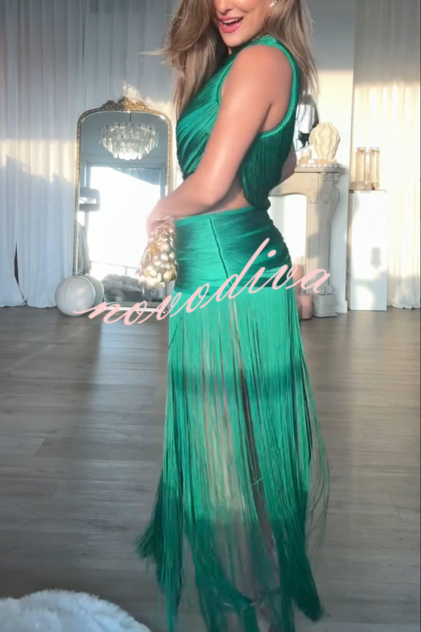 Dancing Miracle One Shoulder High Waist Hollow Design Tassel Hem Drape Mini Dress
