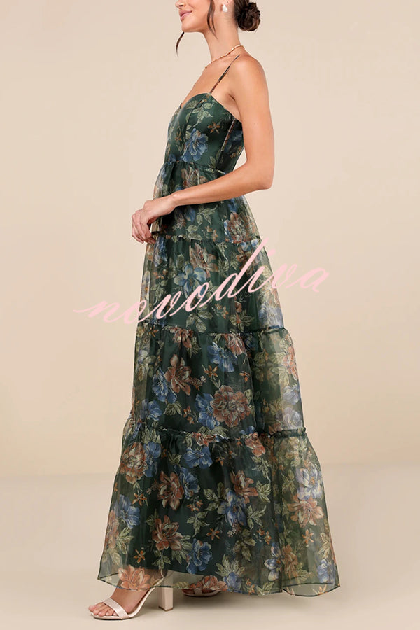 Exclusive Glamour Organza Floral Print Tiered Slip Maxi Dress