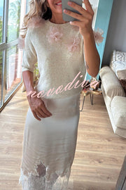 Alboran Knit Organza Flowers Detail Short Sleeve Loose Sweater